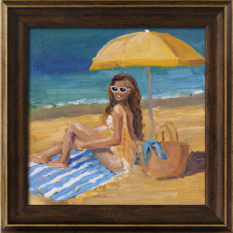 La Jolla Cove Oil Painting Framed Woman on Beach with Umbrella, San Diego Art
