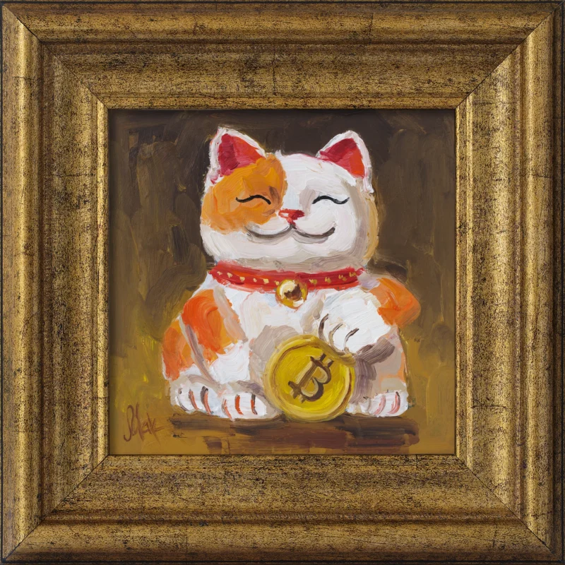 Lucky Cat Oil Painting: Bitcoin Maneki Neko Crypto Art, 6x6'' Framed