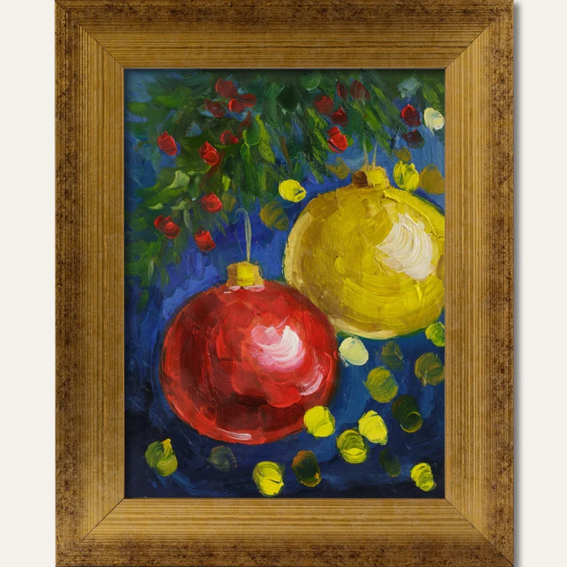 Christmas Ornaments Oil Painting Framed – Holiday Baubles Still Life – Festive Wall Art