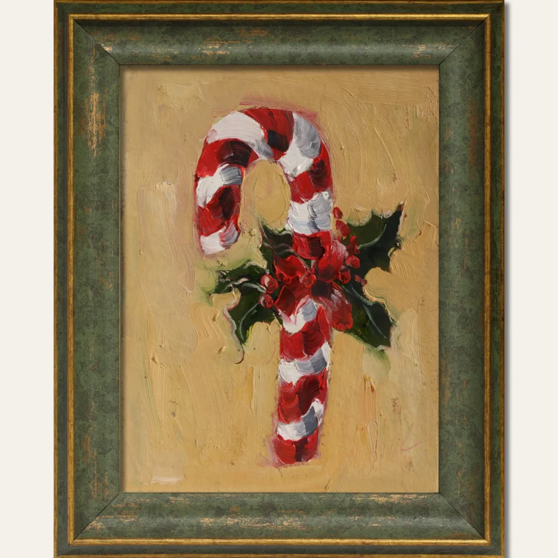 Christmas Candy Cane Original Painting – Holly Berries Still Life Holiday Oil Wall Art