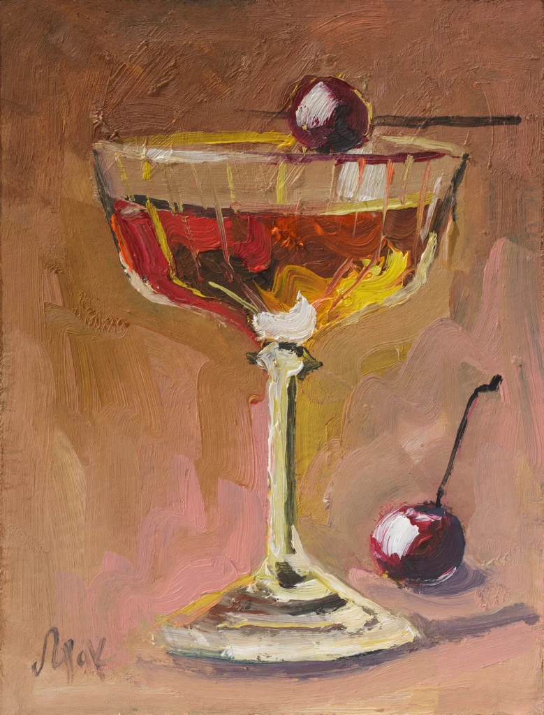 Manhattan Drink Oil Painting Framed Bar Cocktail Original Wall Art Still Life Alcohol Decor