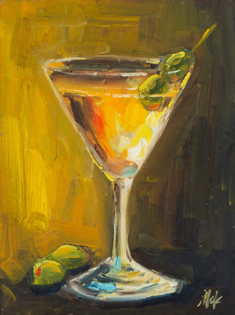 Dirty Martini Painting Framed Still Life Original Wall Art Olive Oil Painting Cocktail