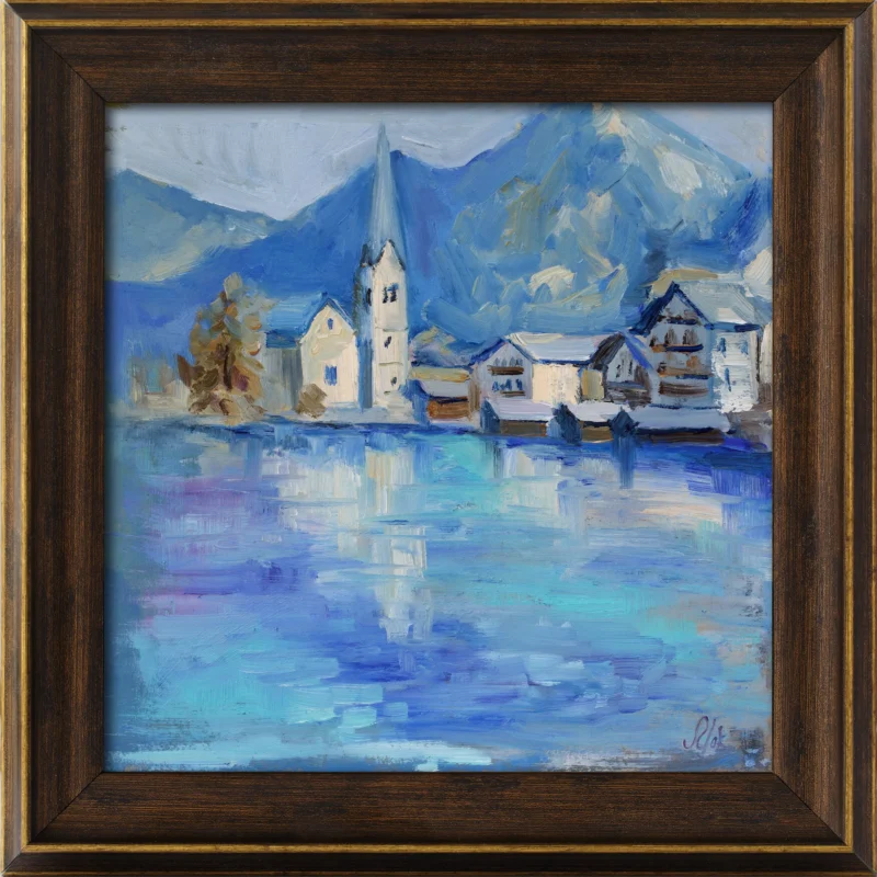 Original Hallstatt Austria Oil Painting: Mountain Lake Landscape Art 12x12''