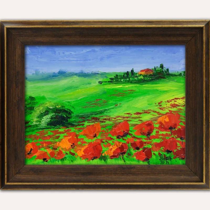 Tuscany Poppy Field Oil Painting: Italy Landscape Impasto Art 12x8"