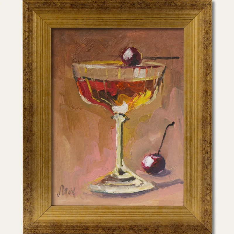 Manhattan Drink Oil Painting Framed Bar Cocktail Original Wall Art Still Life Alcohol Decor