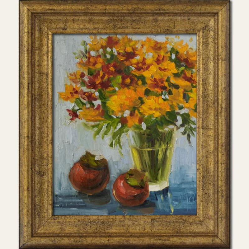 Marigolds and Persimmons – Original Still Life Oil Painting Framed