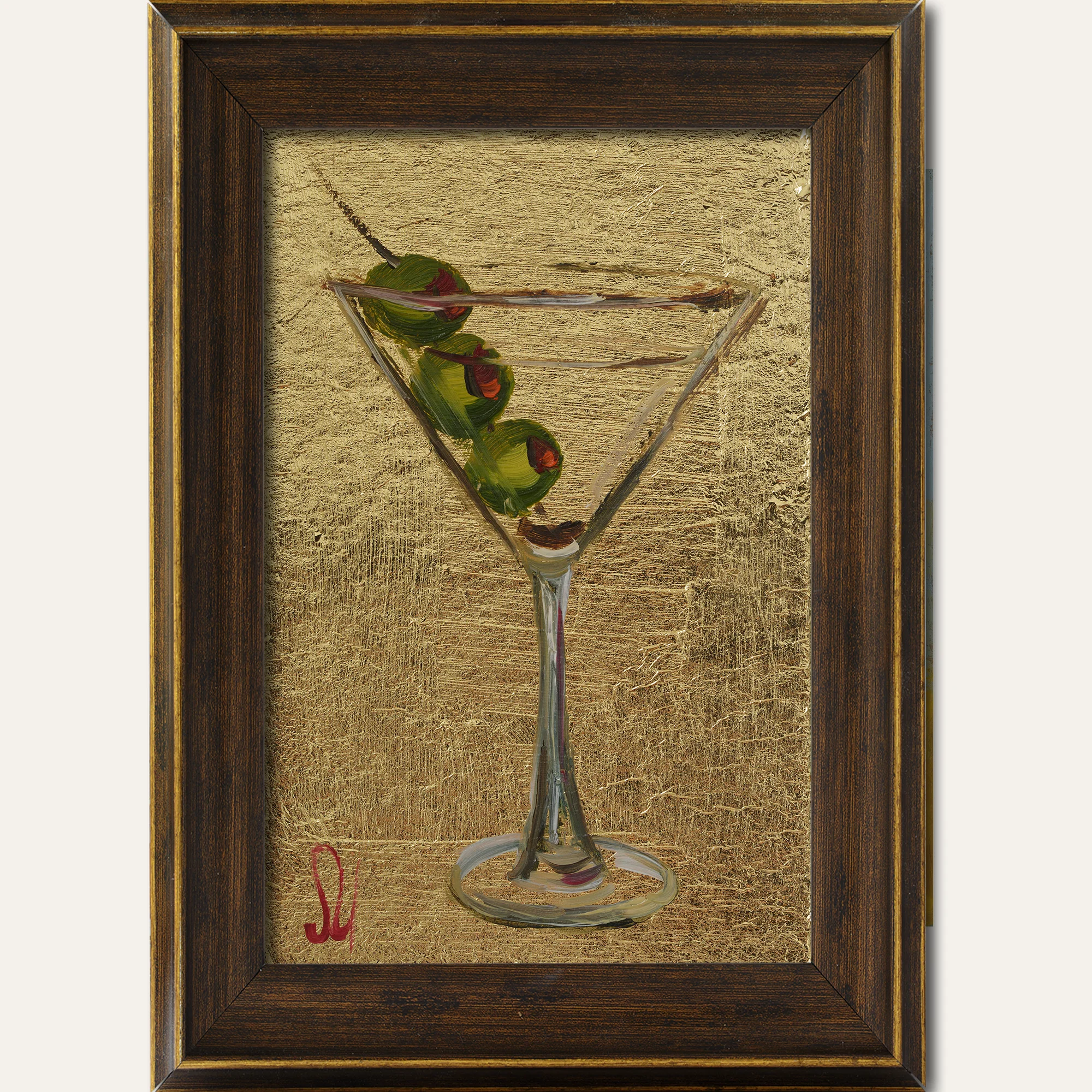 Dirty Martini Oil Painting Cocktail Framed Original With Gold Leaf Tiny Olive Wall Art