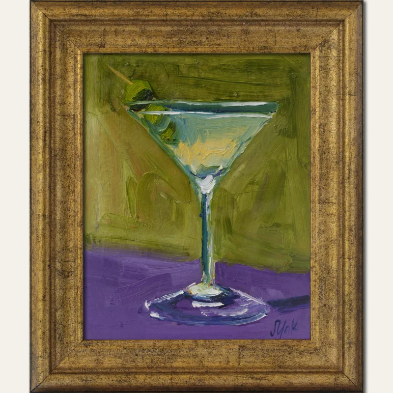 Martini Oil Painting Framed Still Life Original Wall Art Olive Cocktail Drink Alcohol Decor