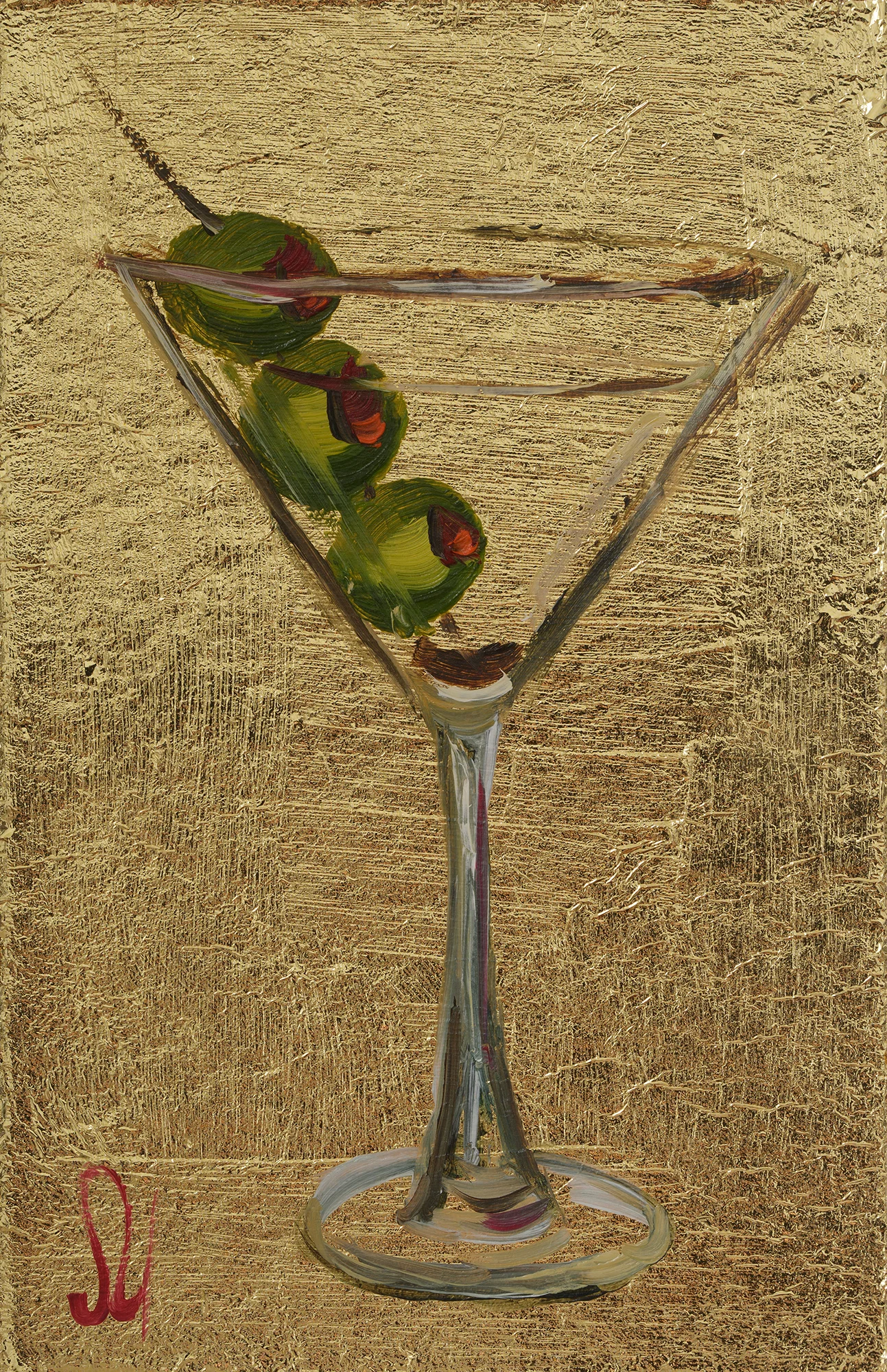 Dirty Martini Oil Painting Cocktail Framed Original With Gold Leaf Tiny Olive Wall Art - Image 6