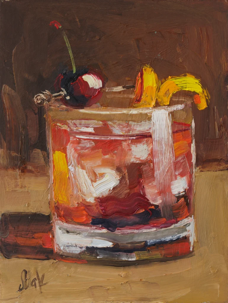 Bourbon Old Fashioned Cocktail Oil Painting Framed Whiskey Drink Original Wall Art Bar Decor