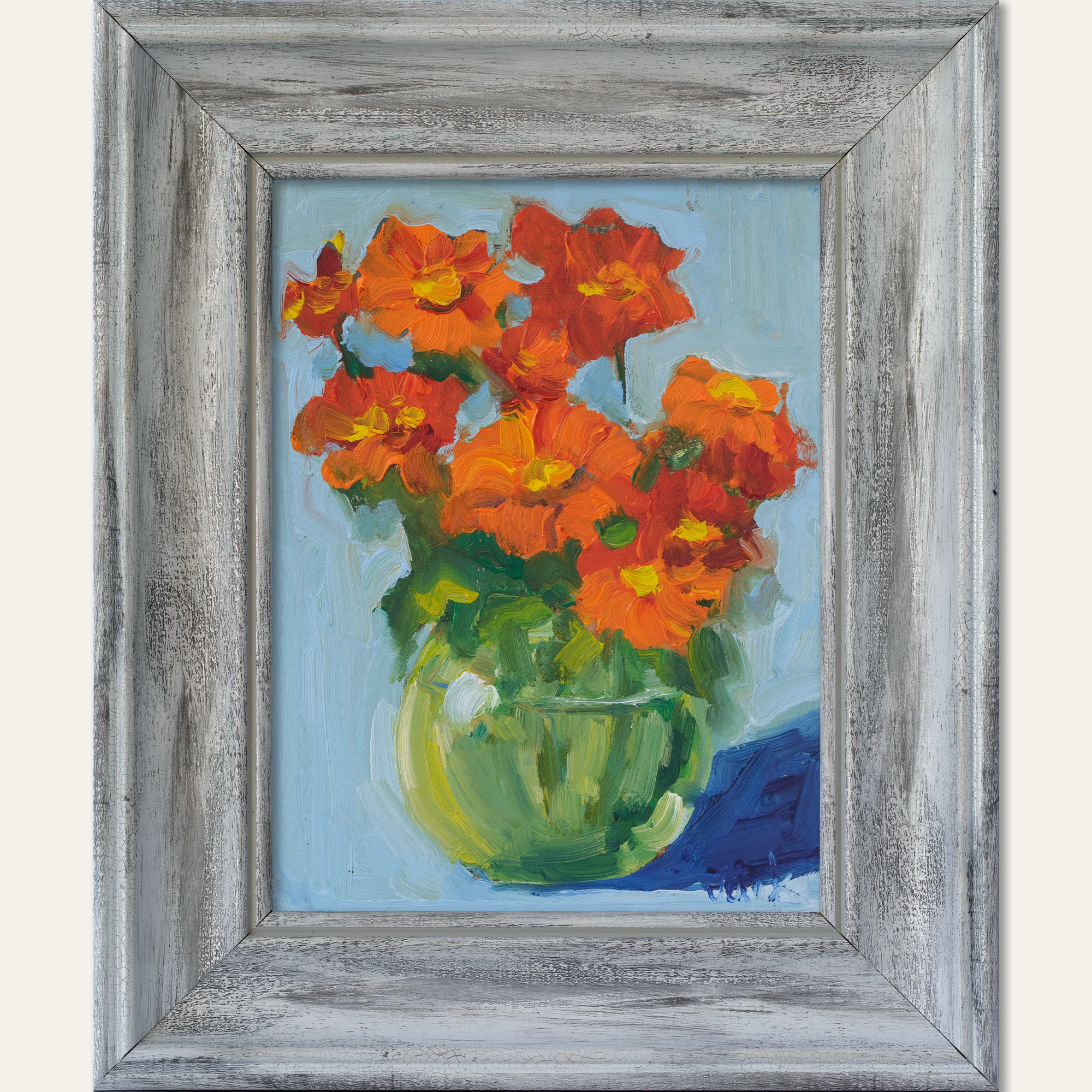 Orange Flowers Oil Painting: Abstract Floral Still Life Framed Wall Art