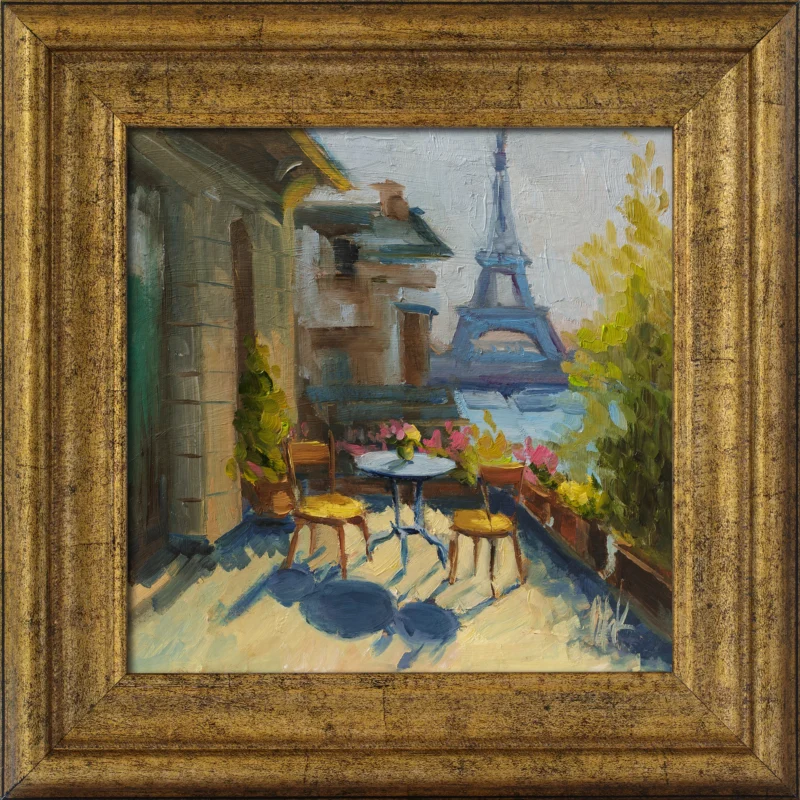 Paris Balcony with Eiffel Tower Original Oil Painting Framed