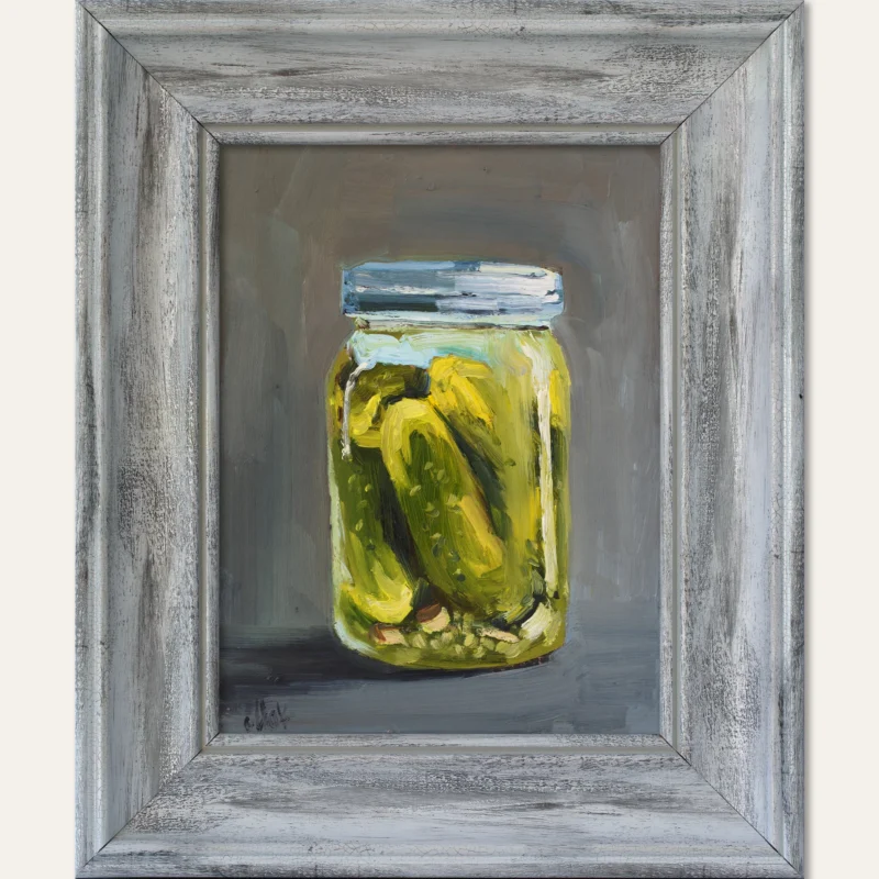 Pickles Jars Original Oil Painting Framed Cucumbers Still Life Wall Art Food Home Decor