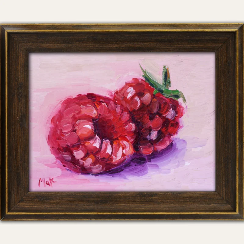 Raspberry Oil Painting Framed Small Fruit Original Wall Art Kitchen Impasto Artwork