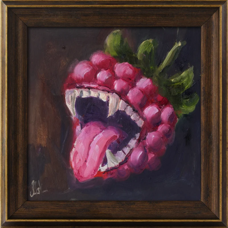 Halloween Raspberry Oil Painting Framed Spooky Vampire Berry Original Wall Art