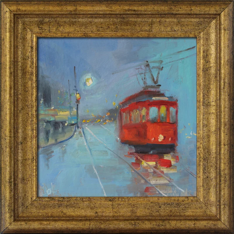 Red Tram Oil Painting Lisbon Original Wall Art Framed Portugal City Night Abstract Cityscape