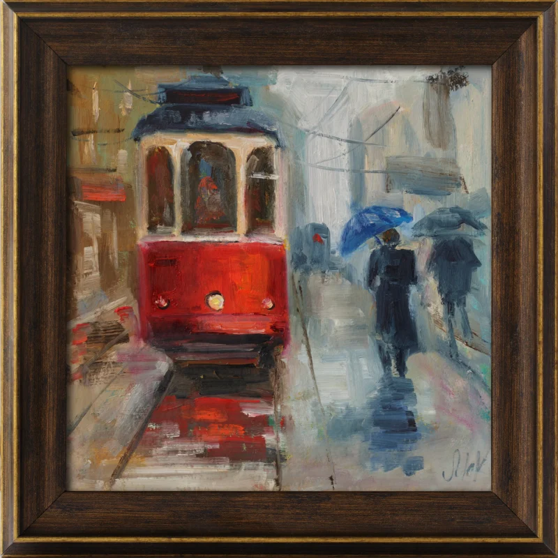 Red Tram Oil Painting Framed