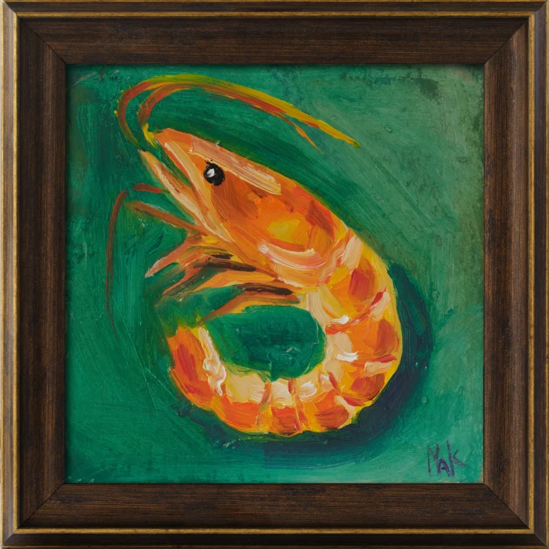 Prawn Oil Painting Framed Shrimp Original Wall Art Seafood Artwork Fish Decor
