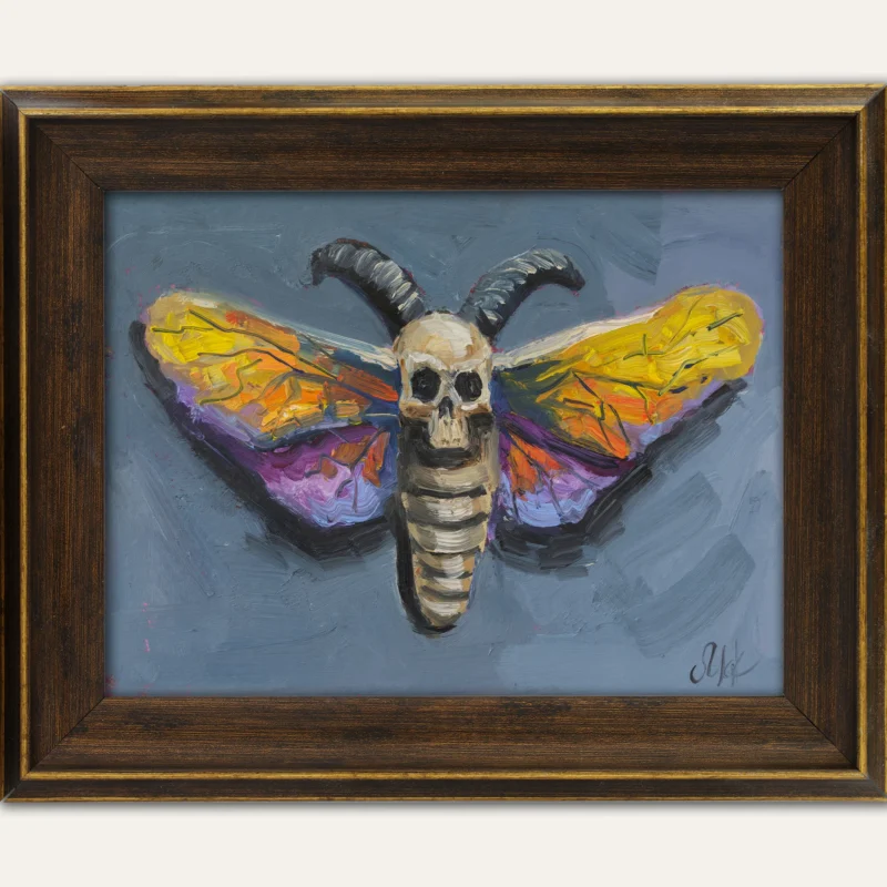 Halloween Hawk Moth Oil Painting: Skull Butterfly Framed Art