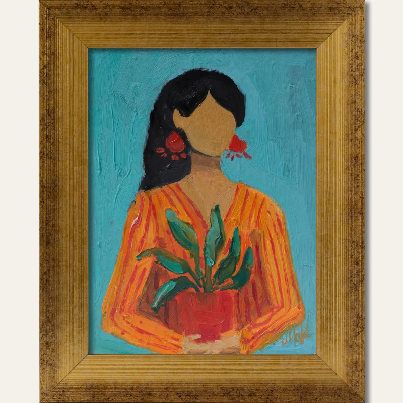 Woman With a Potted Plant Oil Painting Boho Girl Original Wall Art Abstract Female Portrait