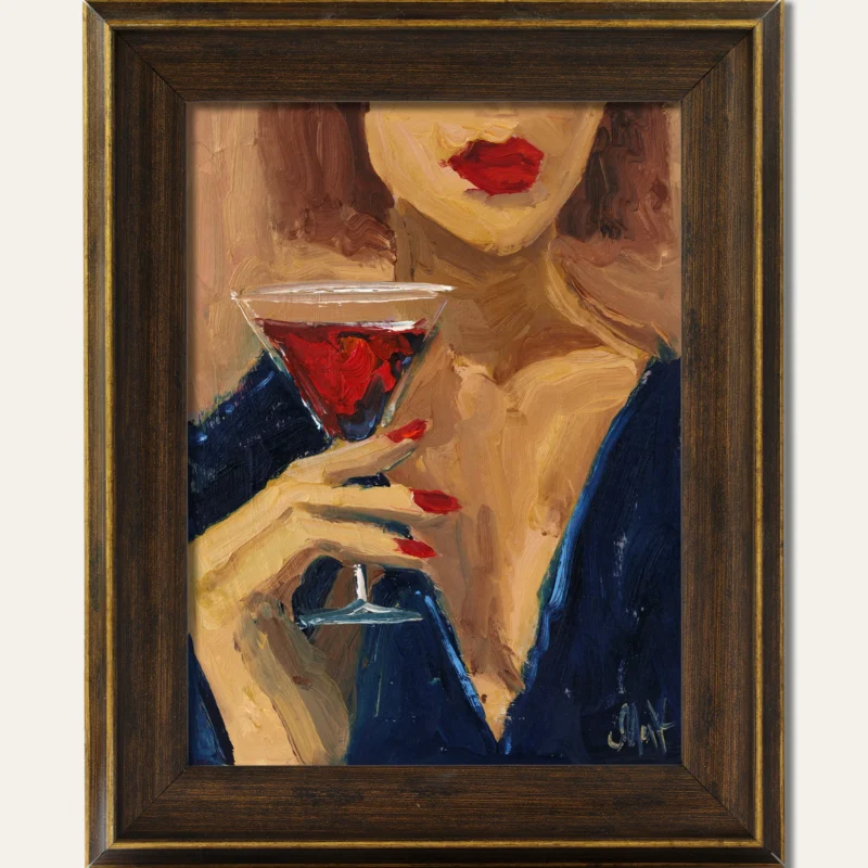Woman With Martini Painting Framed Wine Original Wall Art Cocktail Drink Alcohol Decor