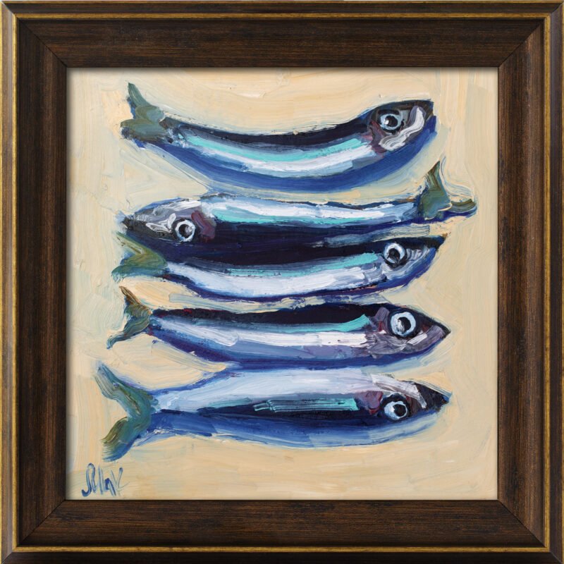 Sardines Oil Painting Framed Fish Kitchen Original Wall Art Still Life Home Decor