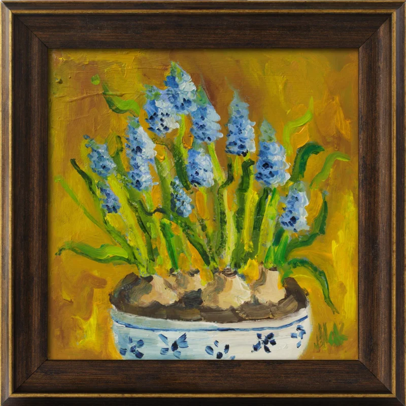 Abstract Blue Grape Hyacinth Oil Painting: Floral Still Life Art 8x8''