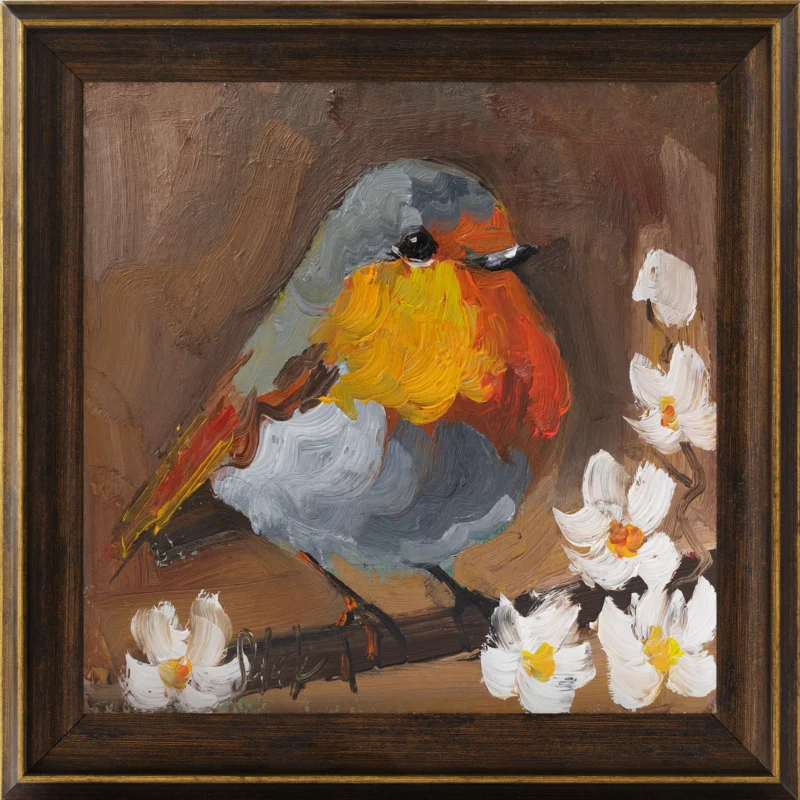 Robin Oil Painting Framed Bird Original Wall Art American Red Robin House Gift