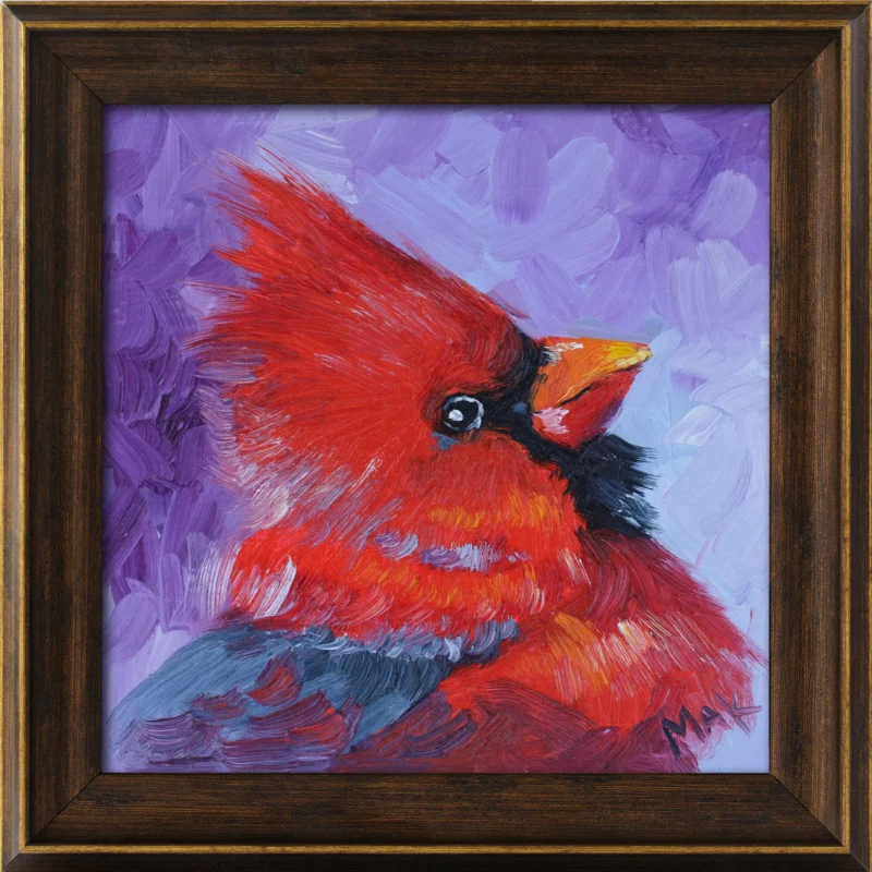 Red Cardinal Oil Painting: Framed Original Bird Art