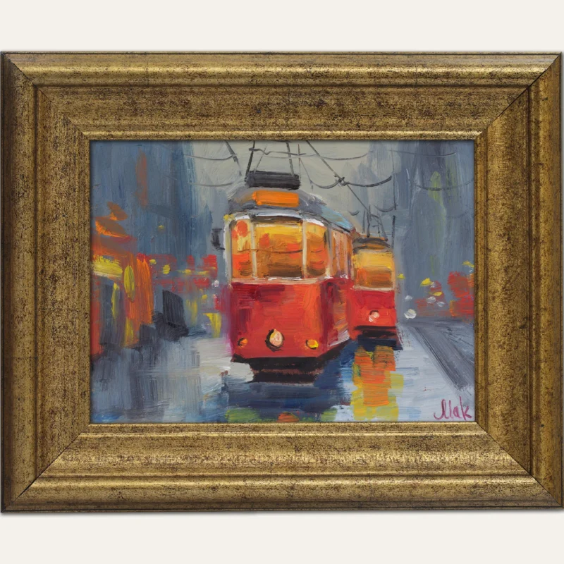 Red Tram Oil Painting Franed Lisbon Original Wall Art Portugal City Night Cityscape Artwork