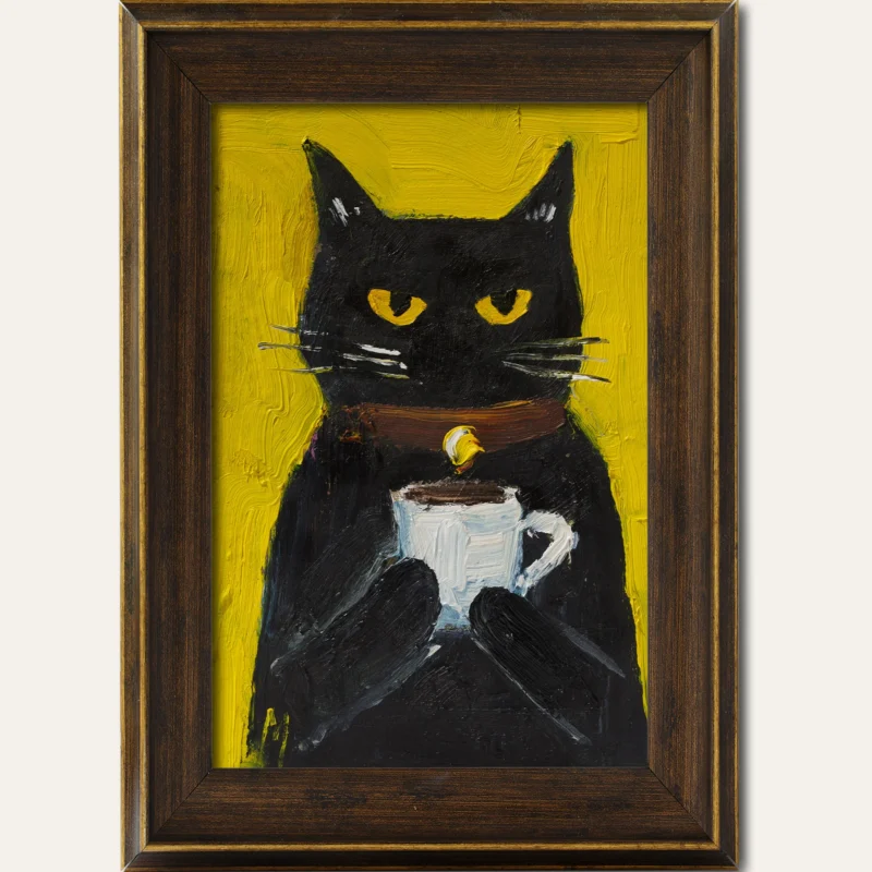 Black Cat Oil Painting: Cozy Cat with Mug Framed Art