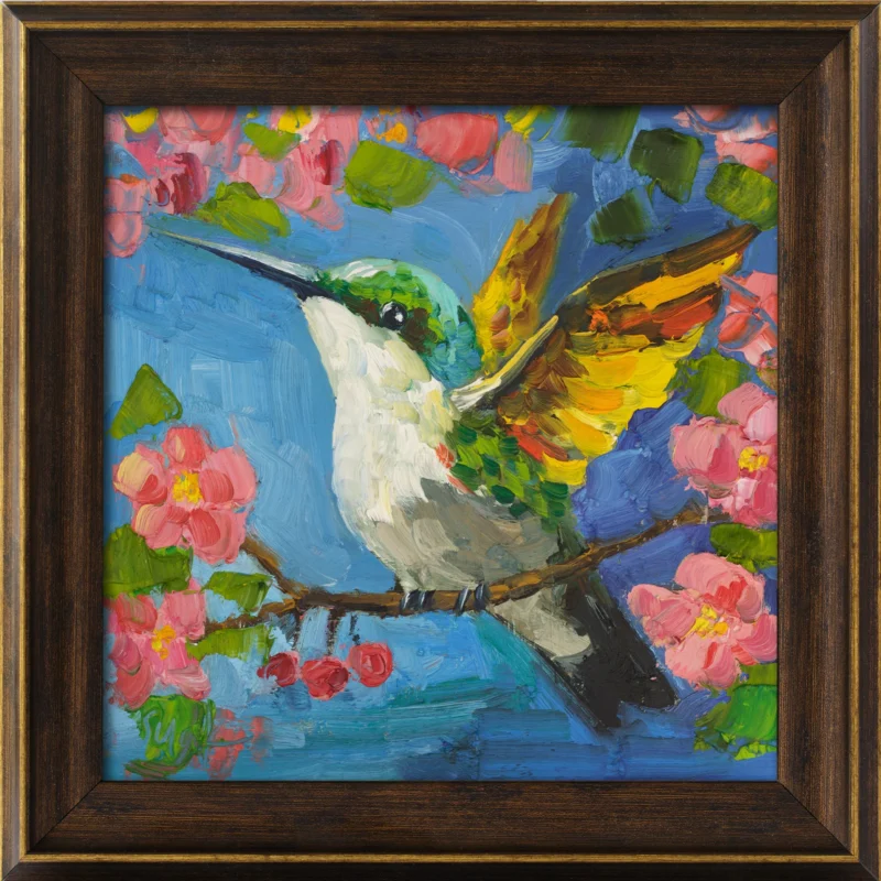 Hummingbird Oil Painting Framed Bird Original Wall Art Flowers Artwork