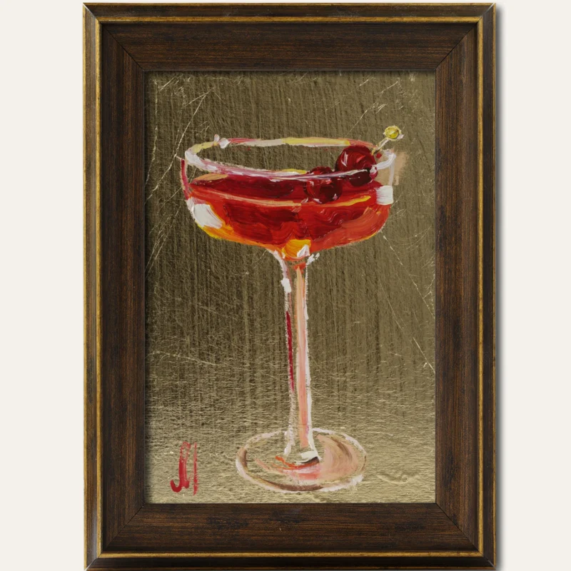 Manhattan Cocktail Oil Painting Framed Drink Original Art Whiskey Bar Cart Wall Art Gold Leaf