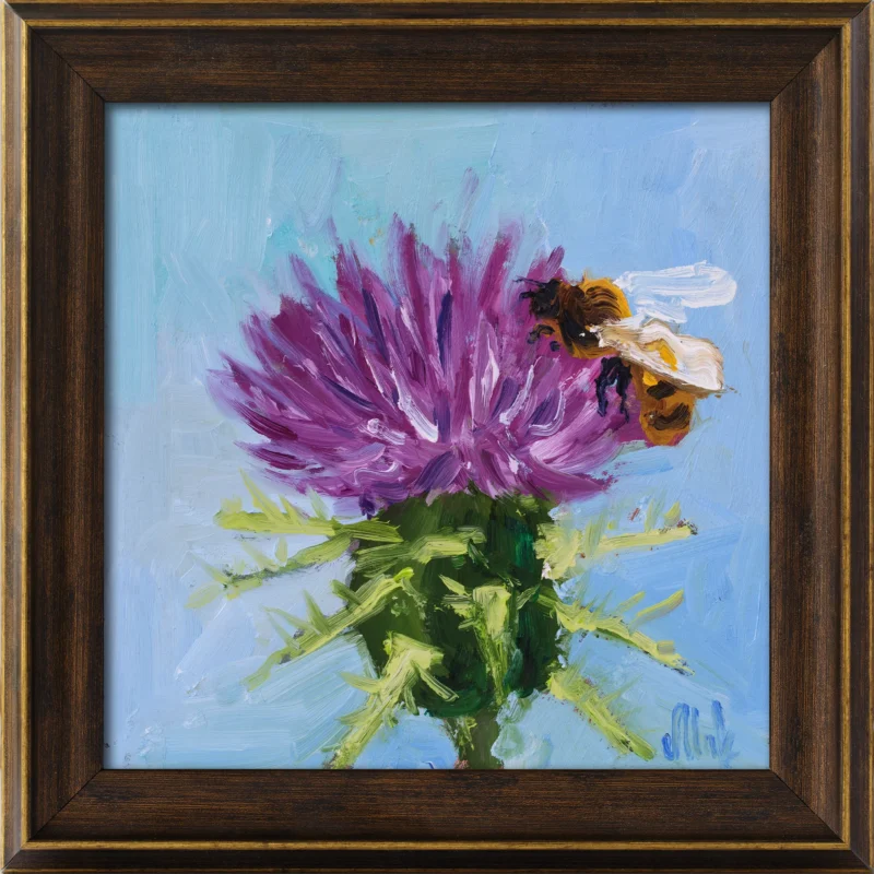Honey Bee Oil Painting: Thistle & Burdock Flower Art, 6x6''