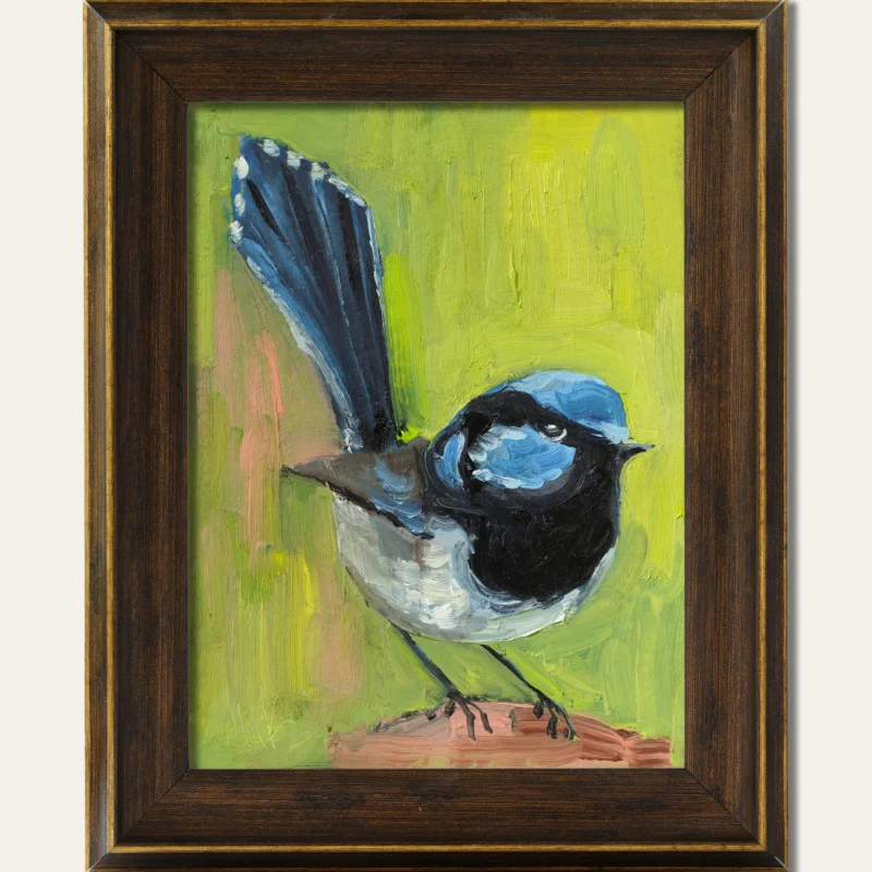 Fairy Blue Wren Oil Painting: Framed Bird Art, Original Artwork 8x6''