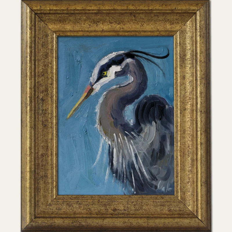 Blue Heron Oil Painting Bird Original Wall Art Framed Artwork House Gift Home Decor