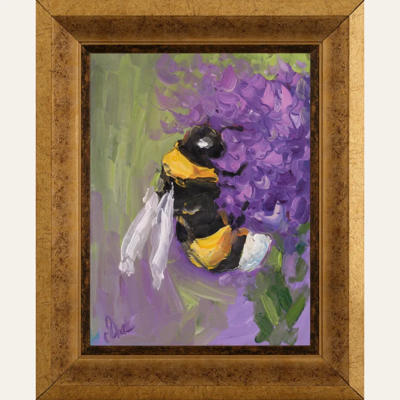 Framed Bee Oil Painting: Original Bumblebee Flower Art, 8x6''