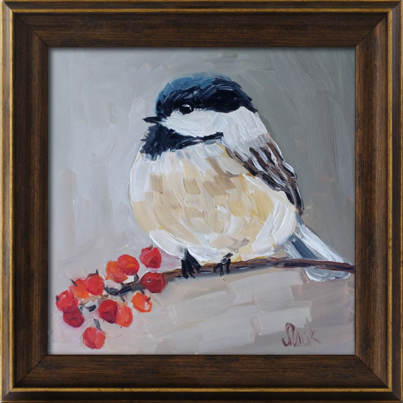 Chickadee Oil Painting Framed Bird Original Small Wall Art Blue Tit Artwork