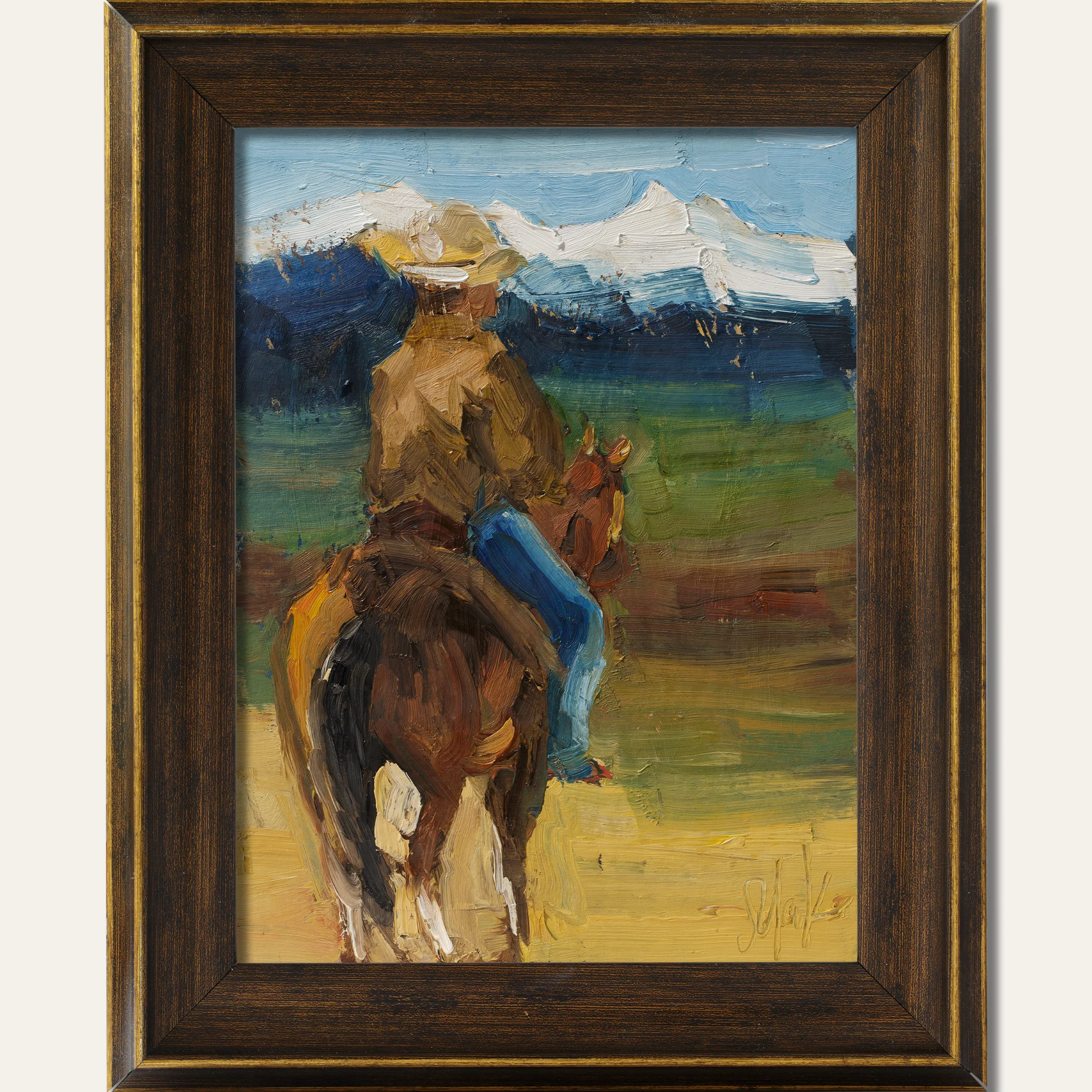 Cowboy on Horse Oil Painting Framed Western Rodeo Original Wall Art Texas Desert Decor