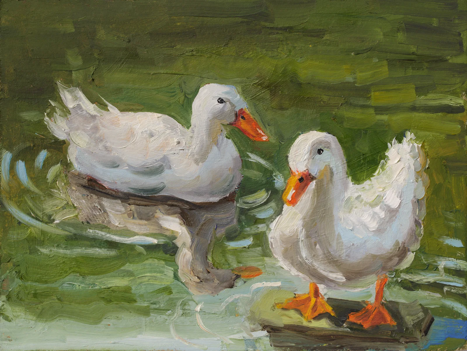 Two Geese in a Pond Oil Painting Framed Small Bird Artwork, Original Wall Art - Image 11