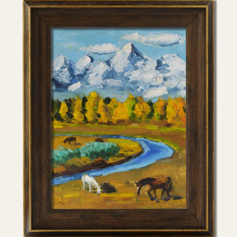 Grand Teton Oil Painting Framed Autumn Mountains Original Wall Art National Park Artwork