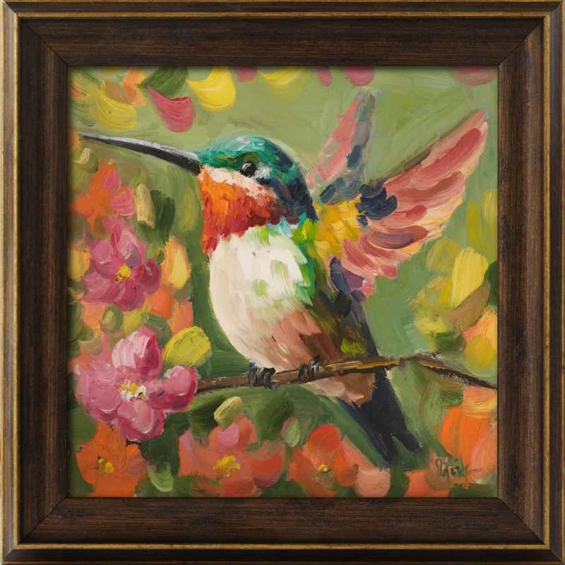 Hummingbird Oil Painting Framed Bird Original Wall Art Flowers Artwork Floral Decor