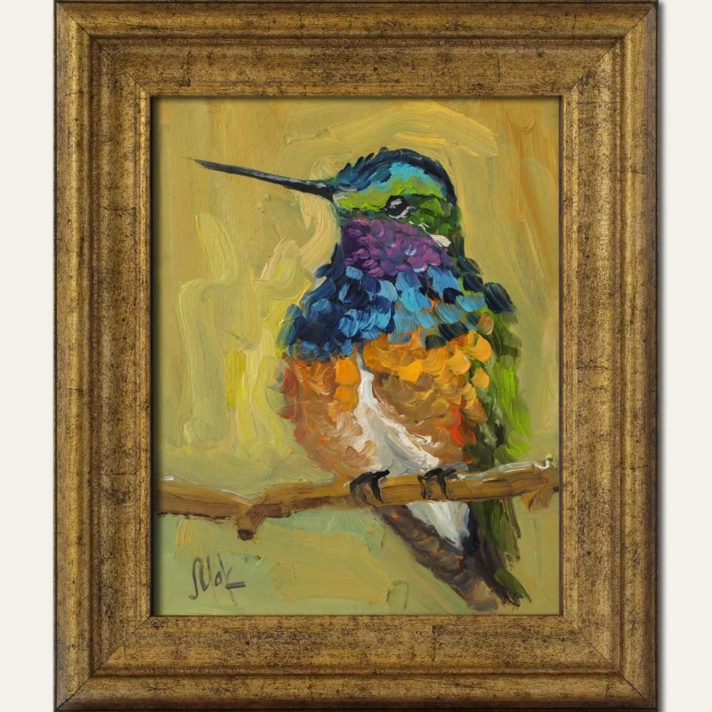 Hummingbird Oil Painting Framed Original Bird Wall Art, 8x6''