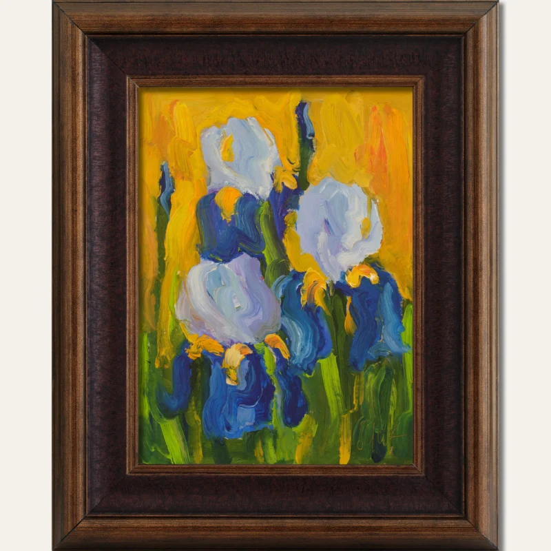 Original Iris Oil Painting in Frame: Abstract Floral Art, 8x6''