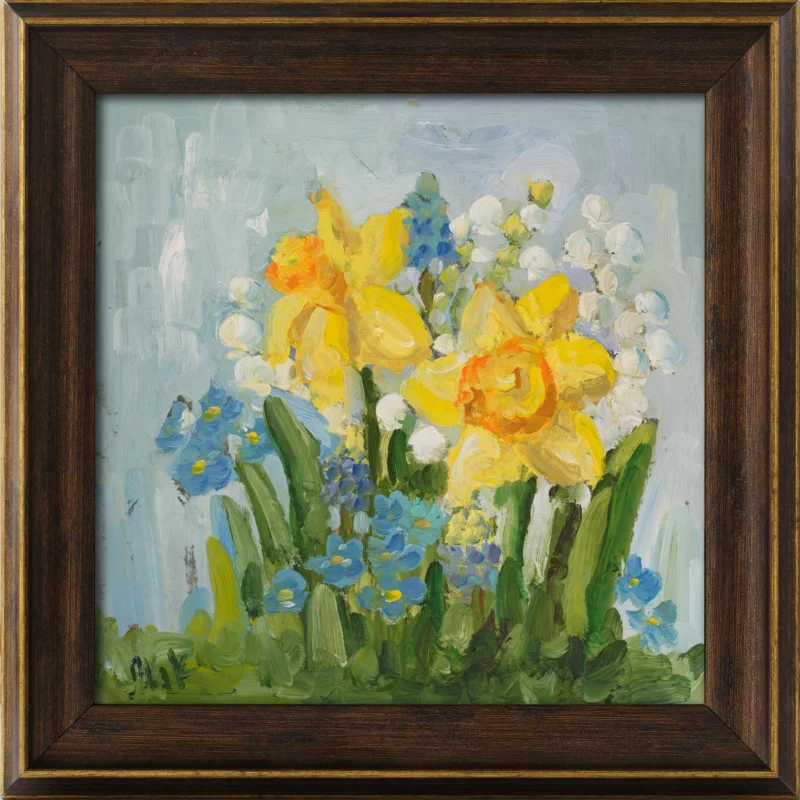 Narcissus Oil Painting Framed Spring Floral Bouquet, Abstract Wall Art