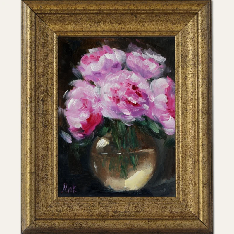 Pink Peony Oil Painting Framed Abstract Floral Still Life, Original Wall Art