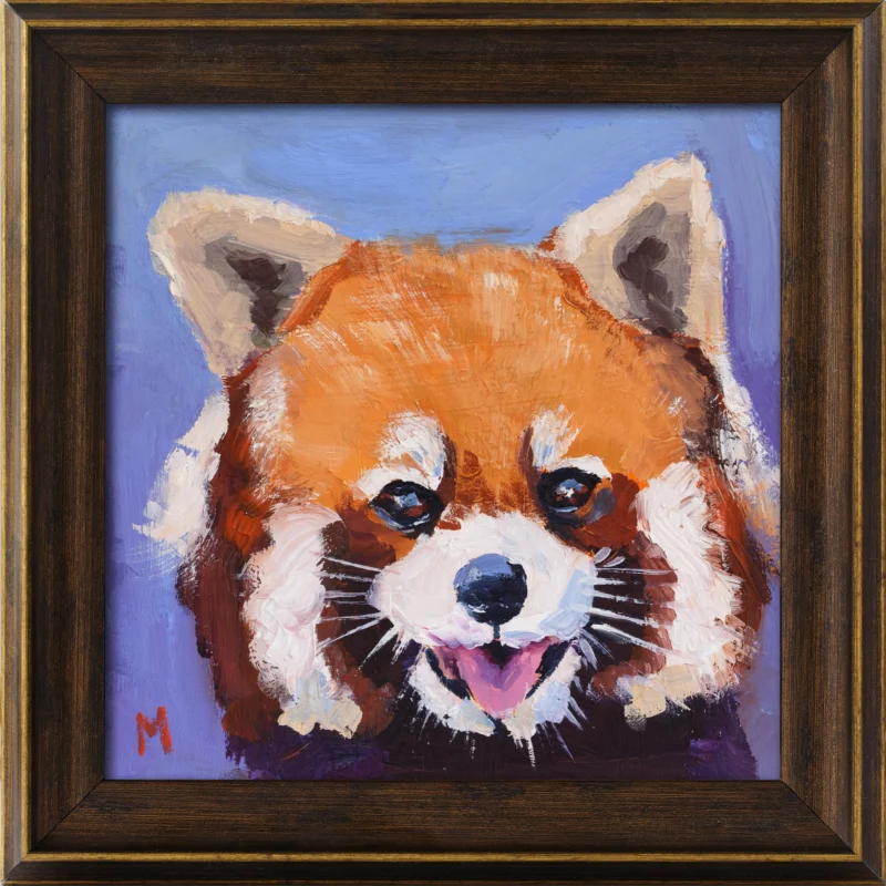 Red Panda Painting, Original Wildlife Art in Frame (6x6'')