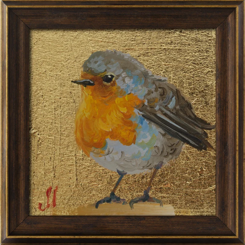 Robin Bird Oil Painting Framed Original Miniature Wall Art Small Tiny Artwork 4x4''