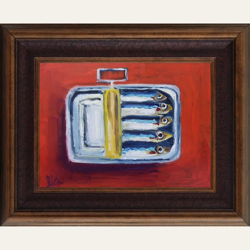 Sardines Oil Painting Framed Kitchen Original Wall Art Fish Still Life Decor