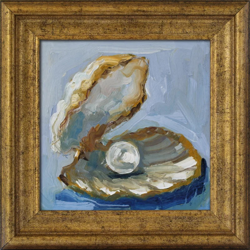 Seashell Pearl Oil Painting Framed Oyster Original Wall Art Beach House Wall Decor